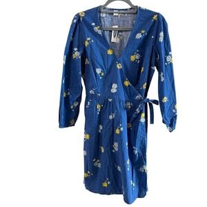 NWT Old Navy Cotton Blue Wrap Front Dress Long Sleeve Floral Daisy Spring Summer